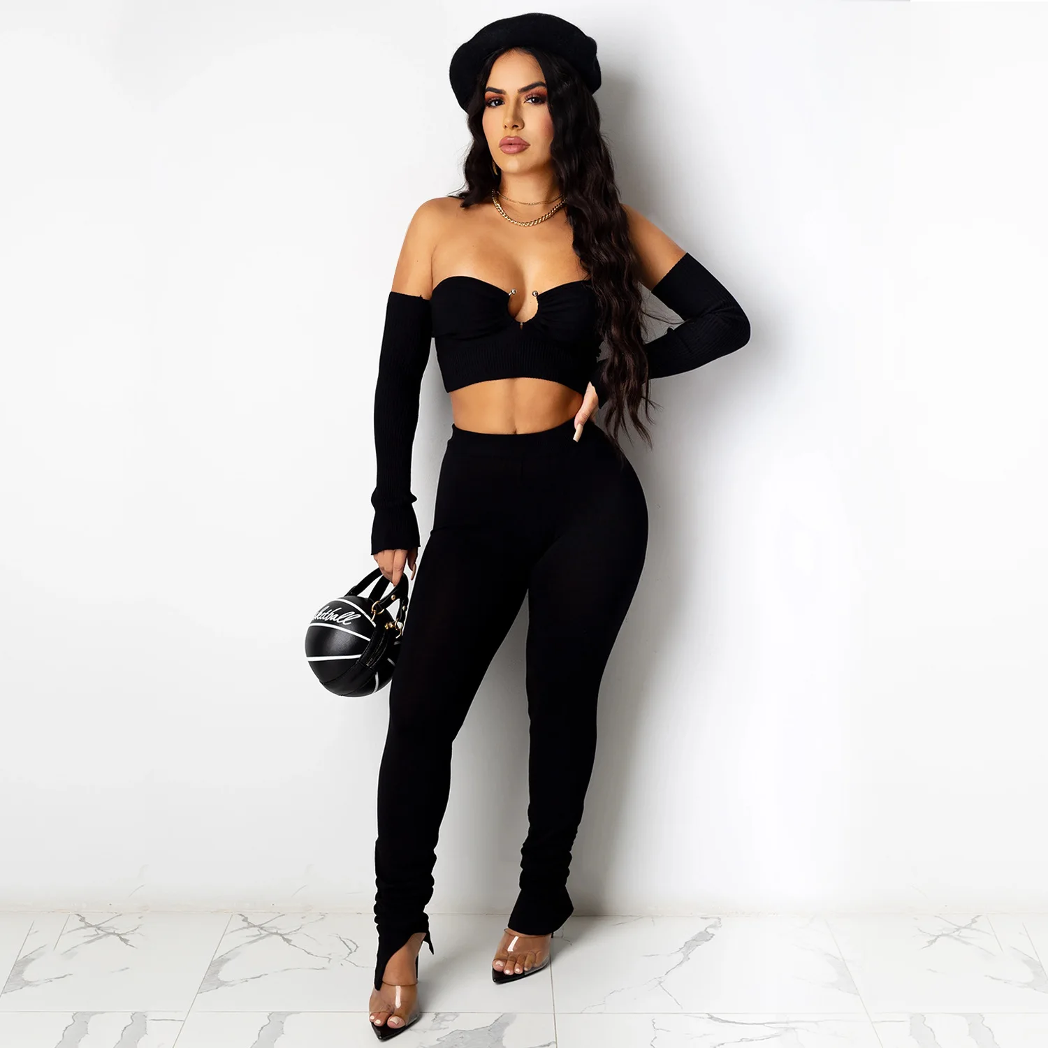 Ribbed Knit Stacked Leggings Solid Suit 