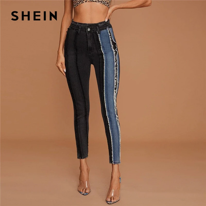 SHEIN Colorblock Frayed Trim Side Tape Jeans High Waist Button Fly Long Denim Skinny Pants Ladies Casual Jeans SHEIN Colorblock Frayed Trim Side Tape Jeans High Waist Button Fly Long Denim Skinny Pants Ladies Casual Jeans