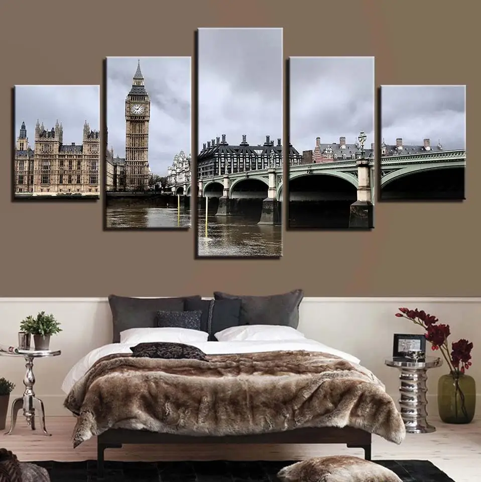 

Canvas Paintings Home Decor Wall Art Pictures 5 Pieces London Big Ben Bridge Elizabeth Tower Poster For Living Room(No Frame)