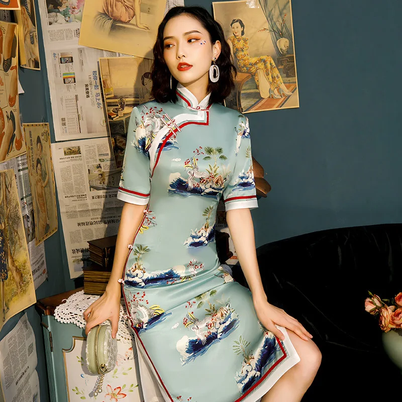 New Arrival Autumn Female Chinese Traditional Rayon Dresses Print Flower Qipao Mandarin Collar Slim Cheongsam Big Size S-XXXL