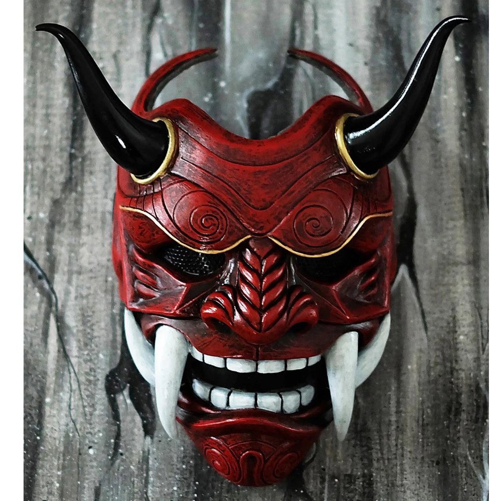 Маска самурая красная Prajna маска Cospiay Noh японская латексная гримаса Fangs смешные