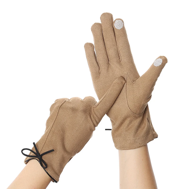 

New 2019 Bow Women Touch Screen Gloves Winter Warm Khaki Touchable Screen Gloves Snowfake Knitted Finger Warmer Gloves