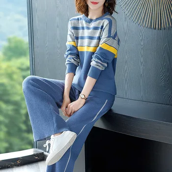

Women Hit Color Patchwork Knitted Pullovers+Pants 2 Pieces Clothing Sets Casual Patchwork Tracksuits 0919-170