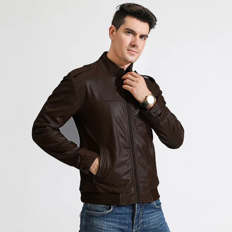 Модная куртка из искусственной кожи для мужчин; повседневные пальто из искусственной кожи; ветровки со стоячим воротником; Chaqueta Moto Hombre; облегающие байкерские куртки