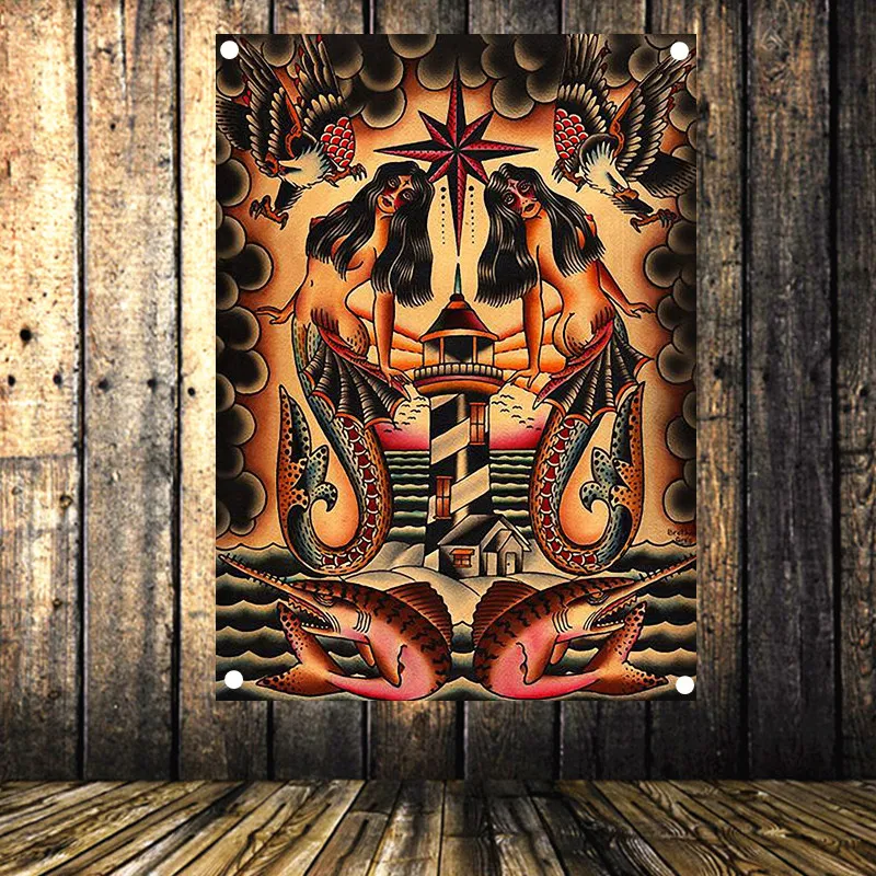 Beautiful tattoo pattern Vintage Poster Hanging Flag Senior Art Waterproof Cloth 4 Holes Banner Tapestry Bar Cafe Home Decor | Дом и сад
