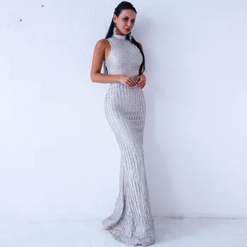 

Sequins White Women Sexy Evening Party Dress Elegant High Collar Mermaid Formal Party Gown Sleeveless Floor Length Vestidos