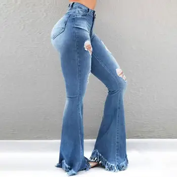

Fashion Loose Jeans High Waist Hole Jeans Women Tassel Flare Pants Office Lady Solid Trousers Denim Pants