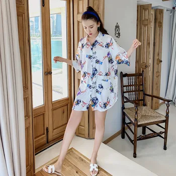 

Cardigan Shirt Nightdress for Female Seven-point Sleeve Satin Nightgowns Chemise Femme Night Shirt Home Sleepwear