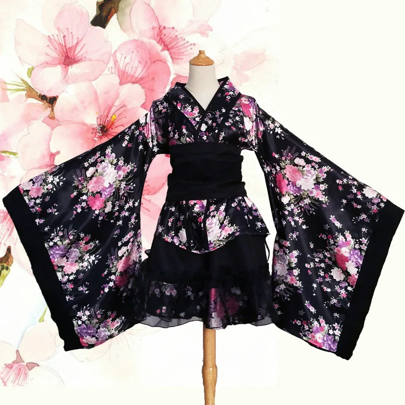 Women's Short Japanese Anime Lolita Cherry Sakura Flower Printing Kimono Maid Costumes Silk Yukata Fancy Dress S-3XL