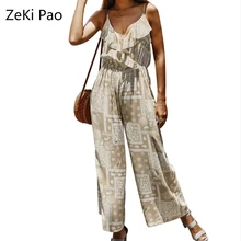 2020 Spring Summer Print Patchwork Full Length Bohemian Style Women's Fashion Beach Jumpsuit Wide Leg Pants