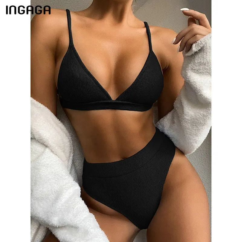 INGAGA Push Up Bikinis Women's Swimsuits High Waist Swimwear Women 2021 Ribbed Biquini Bathing Suits Sexy Brazilian Bikini Set blue bikini set