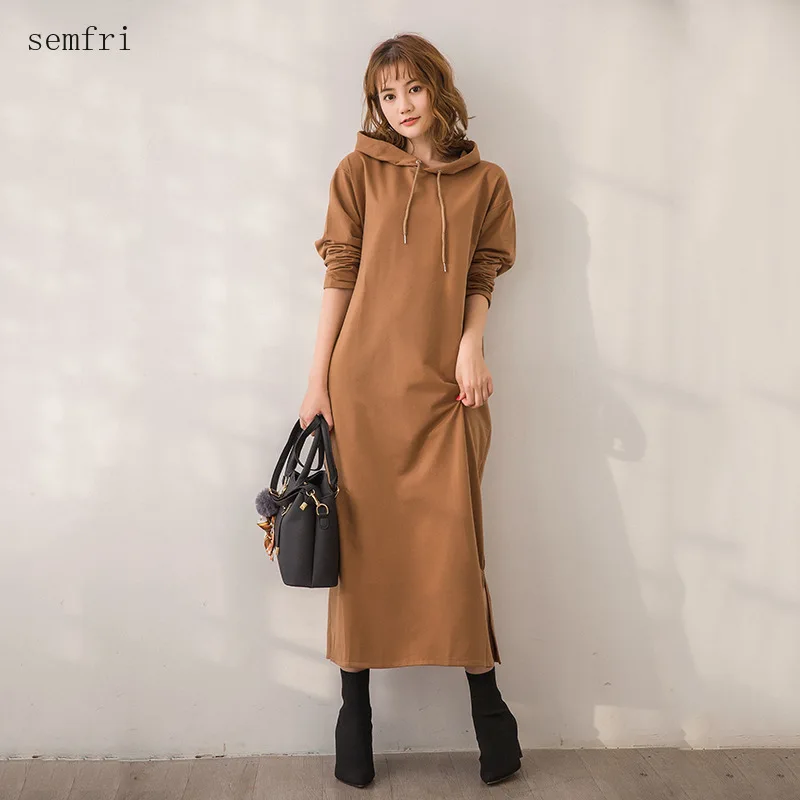 

Semfri Long Hoodies Dress Women 2020 Spring Autumn Loose Style Elegant Dresses Female Fashion Solid Color Long Sleeve Dress