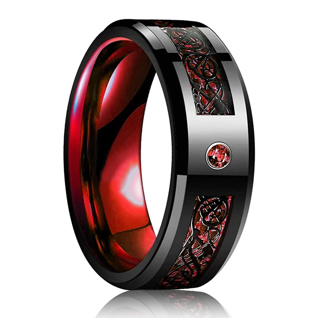 FDLK   8 Colors 8mm Men's Stainless Steel Dragon Ring Inlay Red Green Black Carbon Fiber Ring Wedding Band Jewelry Size 6-13 A Red