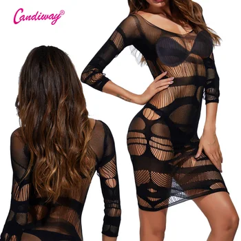 

Transparent Sexy dress lingerie teddy Fishnet Slim Backless long sleeve Buttocks New Fashion style short dress
