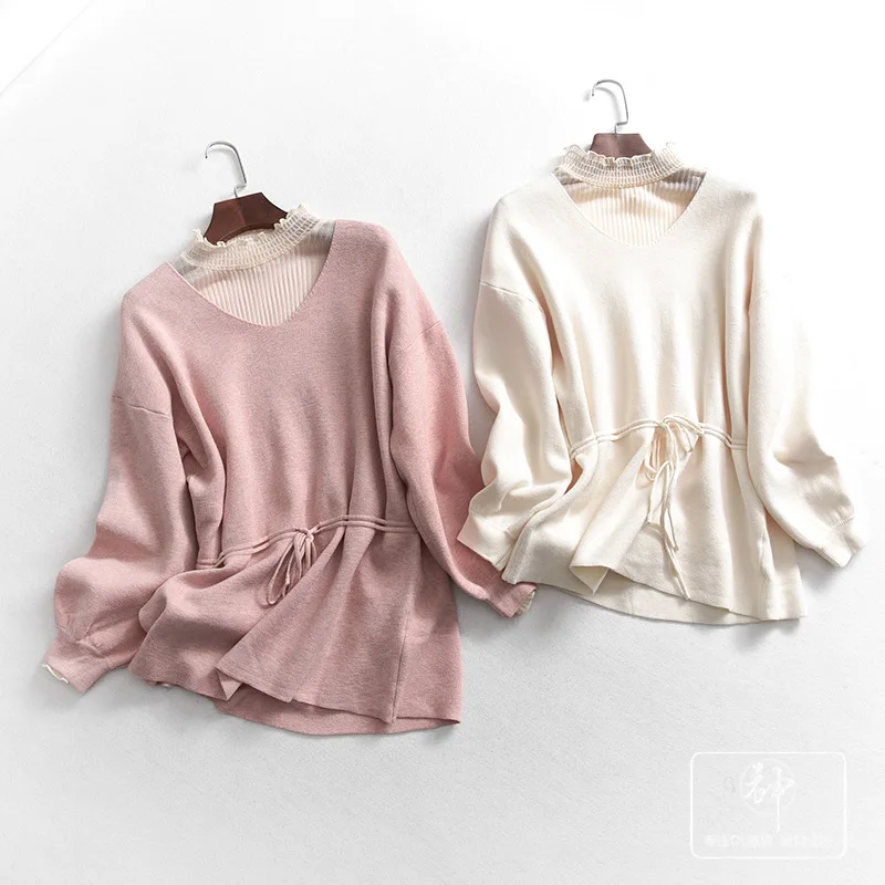 

One's Lantern Sleeve V-neck Sweater + Transparent Gauze Base Shirt Two-Piece Set Entity