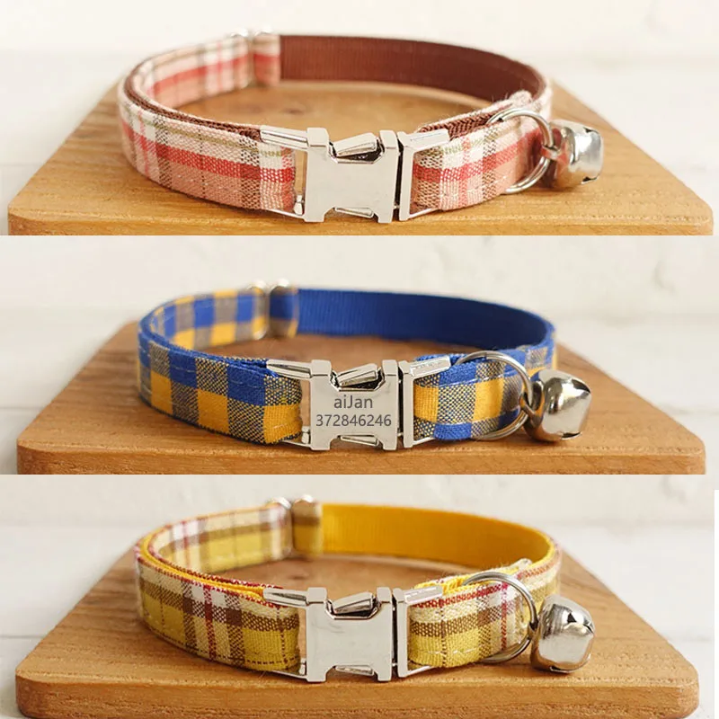 PlaidGridCatCollarsPersonalizedCustomizedKittenCatsCollarNecklacewithBellPuppy
