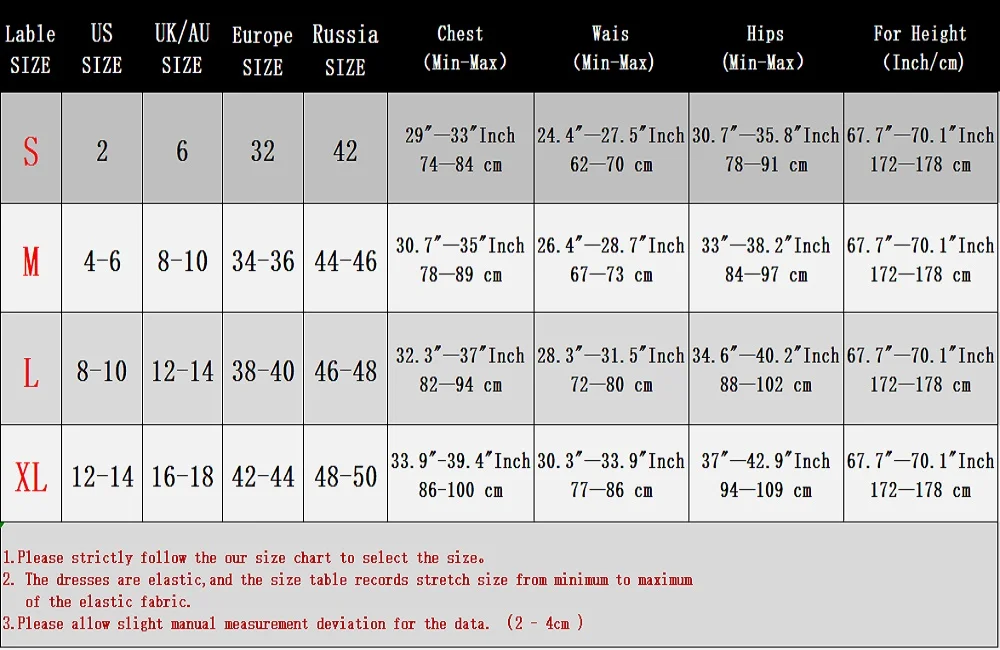 新的礼服尺寸图