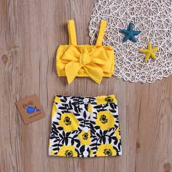 

Pretty Princess 2 Pcs Set summer cool tops vest solid ruched bow+skirts toddler kids girl clothes set vestido floral corto New