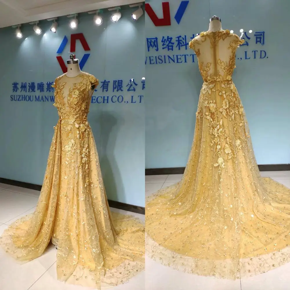 

2020 Real Images Evening Dresses Detachable Train Jewel Lace Appliques Prom Gowns Custom Made A-Line Party Dress