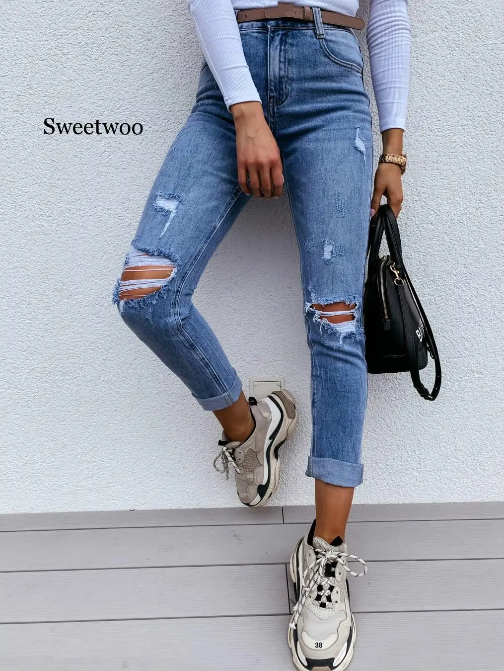 

Women Summer Denim Jeans Sexy Ripped Hole Slim Pencil Pants Ladies Casual Full Length Long Jean Pants