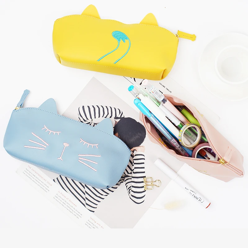 

1Pcs zipper PU Cat-shaped pencil-case Kawaii Girl Pencil Cases Durable Large Capacity School Supplies Stationery High Quality