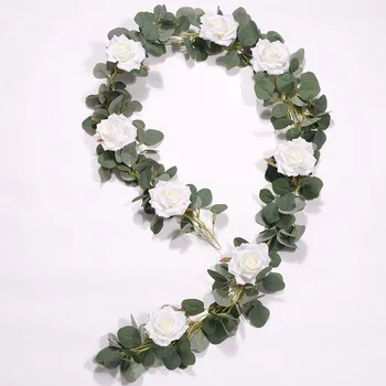 

2m Cross-Border Eucalyptus Leaf Vine Artificial Plant with Fabric Rose Garland for Home Garden Arch Wedding Table Decoration