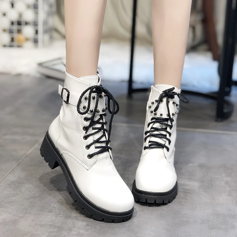 White Western Boots Cowboy Boots Women New Lace Up Leather Boots Black Ankle Boots Women Fashion Punk Combat Boots Platform