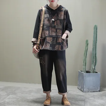 

2020 female new spring plus size knitted denim colorblock with hooded harem pants loose casual set