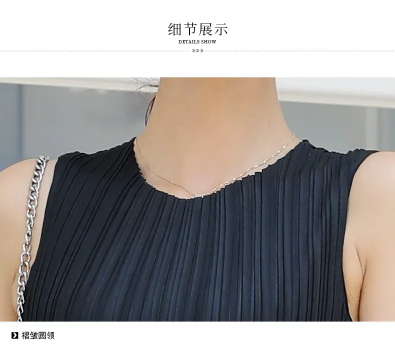 Women Tops Summer New Elastic Miyake Pleated Round Neck Sleeveless Solid Color All-Matched Vests Female
