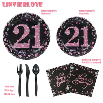 

LINVIERLOVE 56pcs Black Gold 21th Party Set For Happy Birthday Wedding Paper Plate Napkins Disposable Tableware Set Supplies