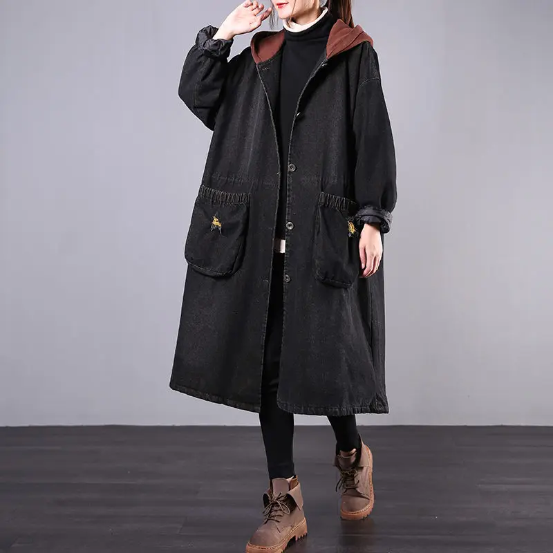 coffee hooded Винтажная зимняя джинсовая куртка для женщин, новинка, Харадзюку уличная парка с капюшоном, свободная Вельветовая утепленная ветровка f2336 - Цвет: coffee hooded