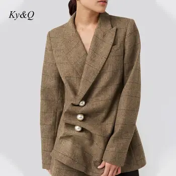 

Brand Vintage 2019 Winter Women Tide Asymmetrical Design Plaid Irregularly Ruffled Large Pearl Woolen Blazer Coat Clothes Tops