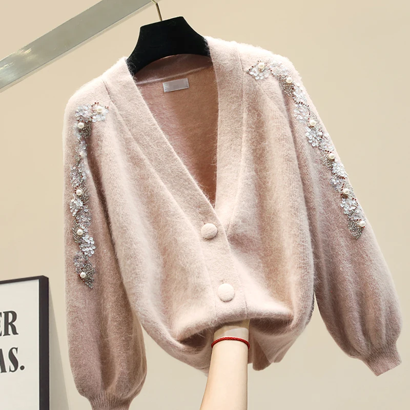 

2019 New Winter Knitted Coat Womens V-neck Plus Thick Horse Hair Sweater Female Cardigan Sweater Short Coat Students Cardigans