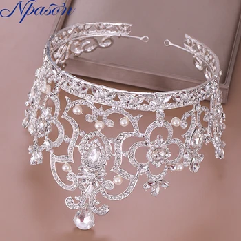 

European Silver Big Almost Round Tiara And Crowns For Women Wedding Hair Accessories Queen Priness Diadems Pearl Crystal Jewelry