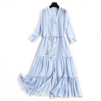 

Retro Silk Dress knitted long womens clothing plus size Spring summer V-neck mulberry silk midi dress with suspenders Dress