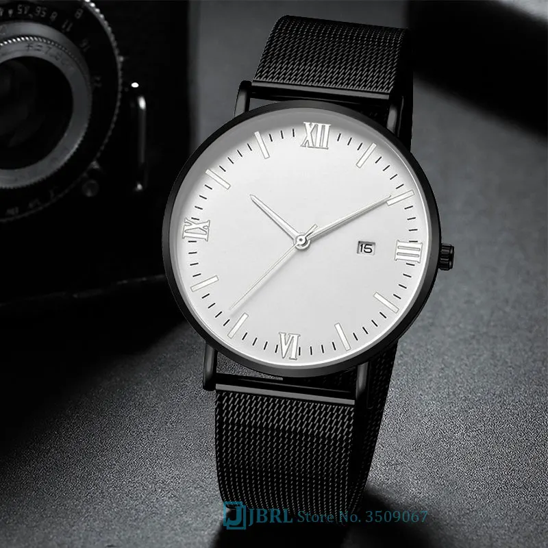 Черные наручные часы Мужские часы Бизнес платье Стиль наручные часы из нержавеющей стали Мужские кварцевые часы для мужчин часы с календарем - Цвет: black white