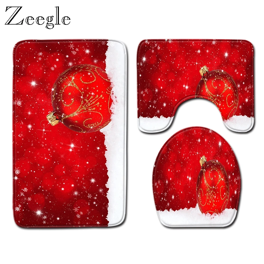 Zeegle Christmas 3pcs Bath Mat Set Anti Slip Bathroom Floor Mat Toilet Pedestal Rug Absorbent Foot Mat Washable Soft Toilet Set