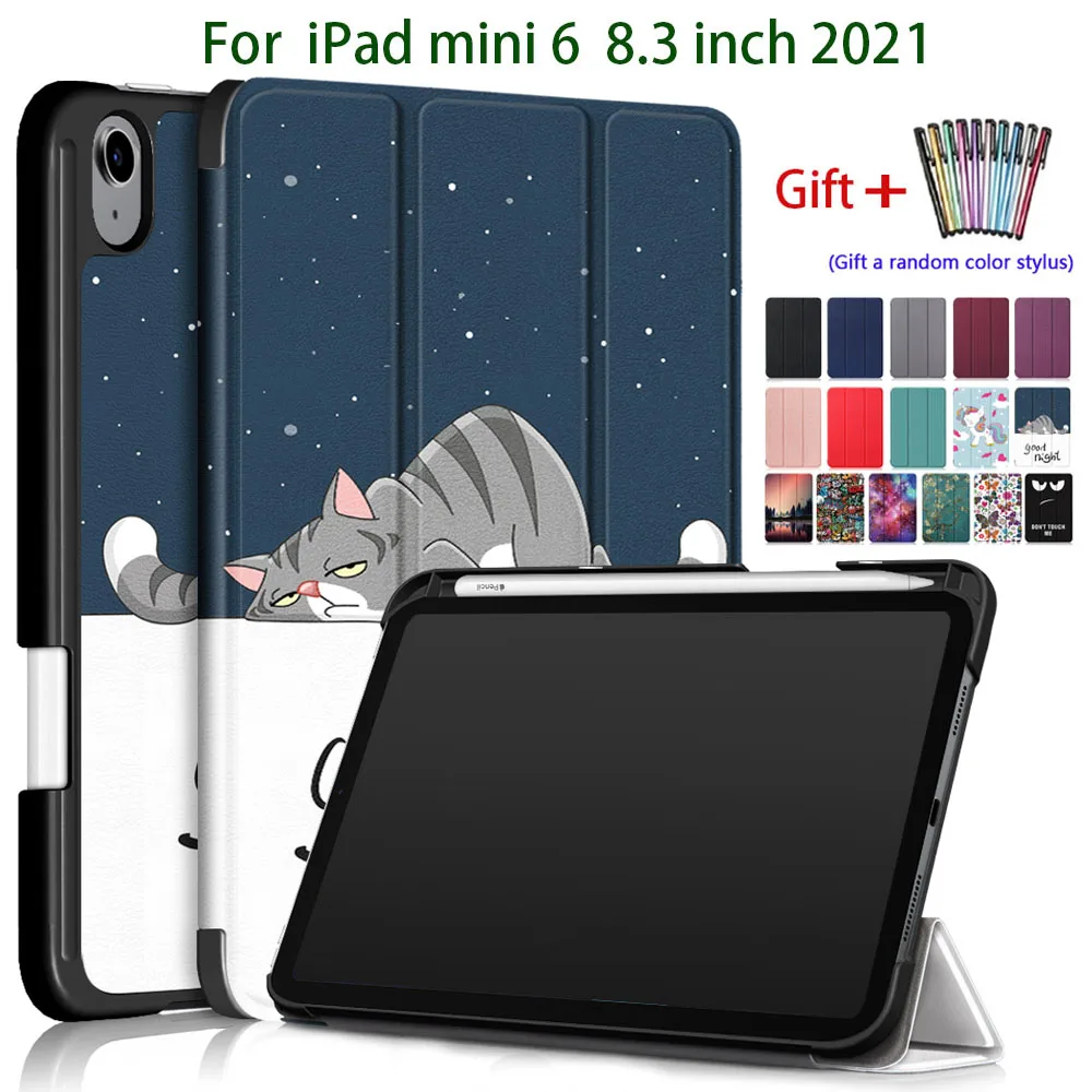 

With Auto Sleep Wake Case for 2021 IPad Mini 6(8.3inch)A2568 A2569 Smart Cover Three-fold Bracket with Pencil Holder Funda + Pen