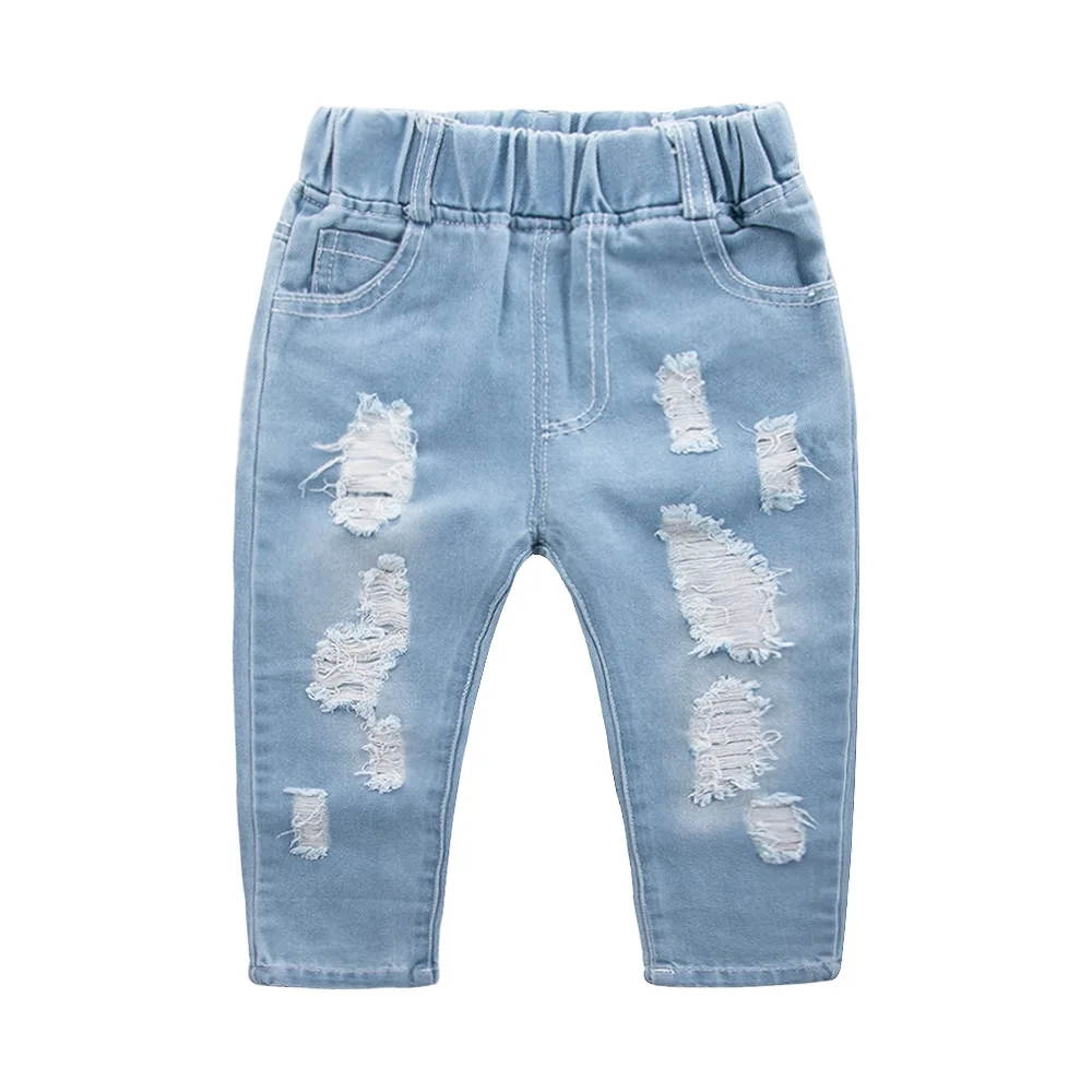 Рваные джинсы для девочек на весну, повседневная детская одежда детские джинсы небесно-голубого цвета От 2 до 6 лет Детские рваные джинсовые брюки для девочек, D30 - Цвет: Синий