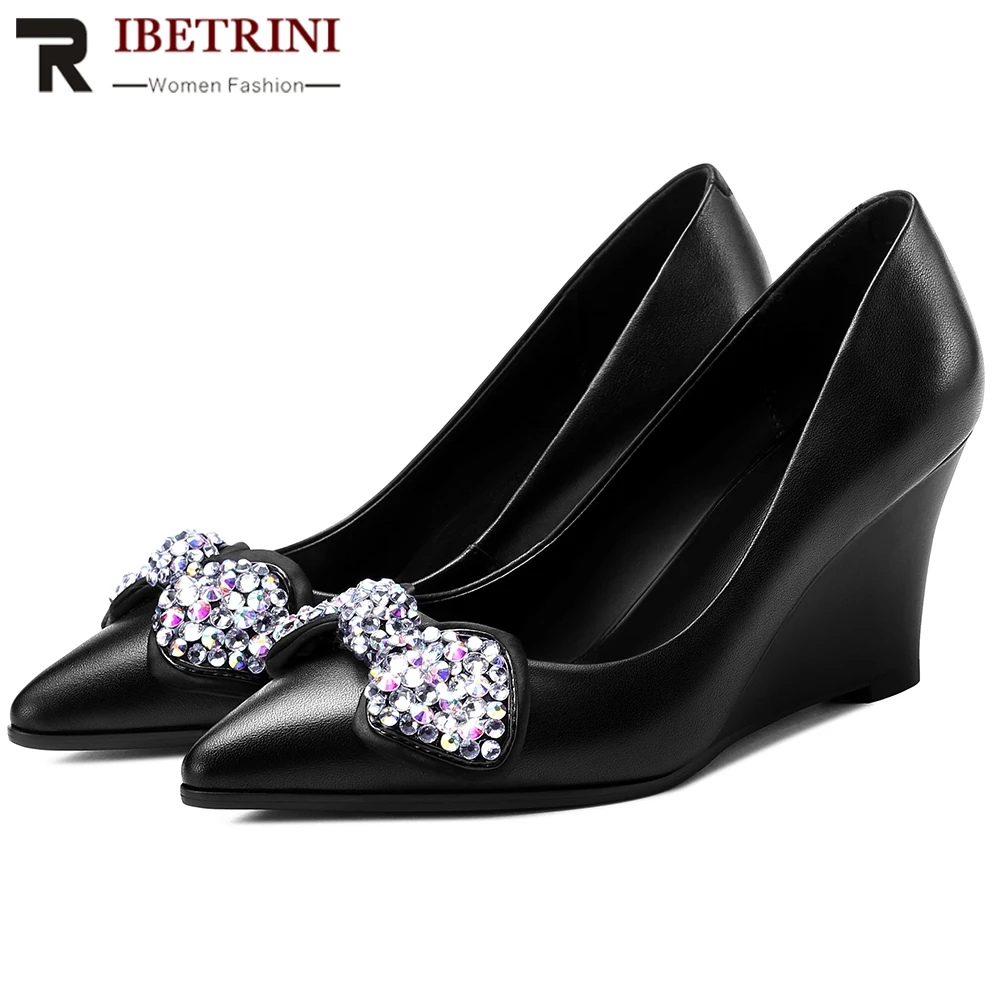 

RIBETRINI New Female Spring Elegant High Wedges Shoes Woman Pointed Toe Genuine Leather Pumps Women Crystal Butterfly Knot Pumps