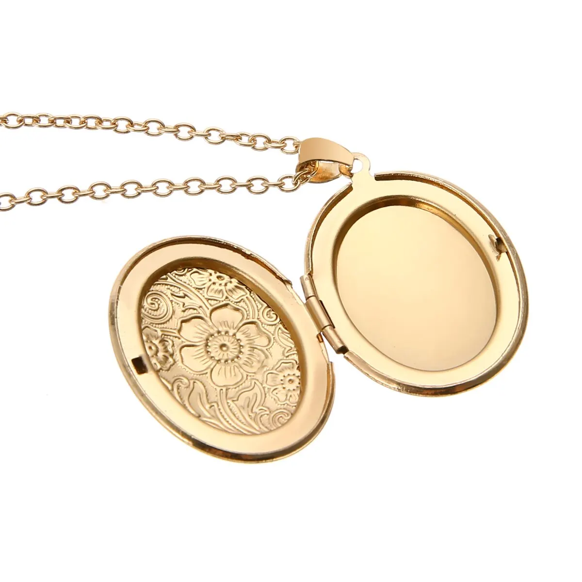 Beautifully Carved Photo Box Geometric Love Heart Round Pendant Necklace Charms Gold Classic Chain Couple Memorial Jewelry Gifts