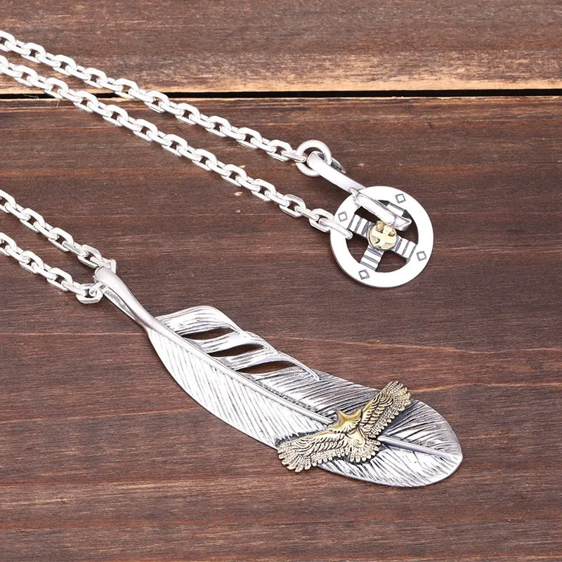 Handmade Vintage Indian Style Eagle Feather Pendant Charms For Necklace Pure 925 Sterling Silver Oxide Thai Silver Jewelry