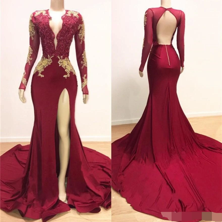 

Sparkling Burgundy Lace Evening Dress 2019 prom dresses High Side Split robe de soiree Middle East Keyhole Back Formal dress