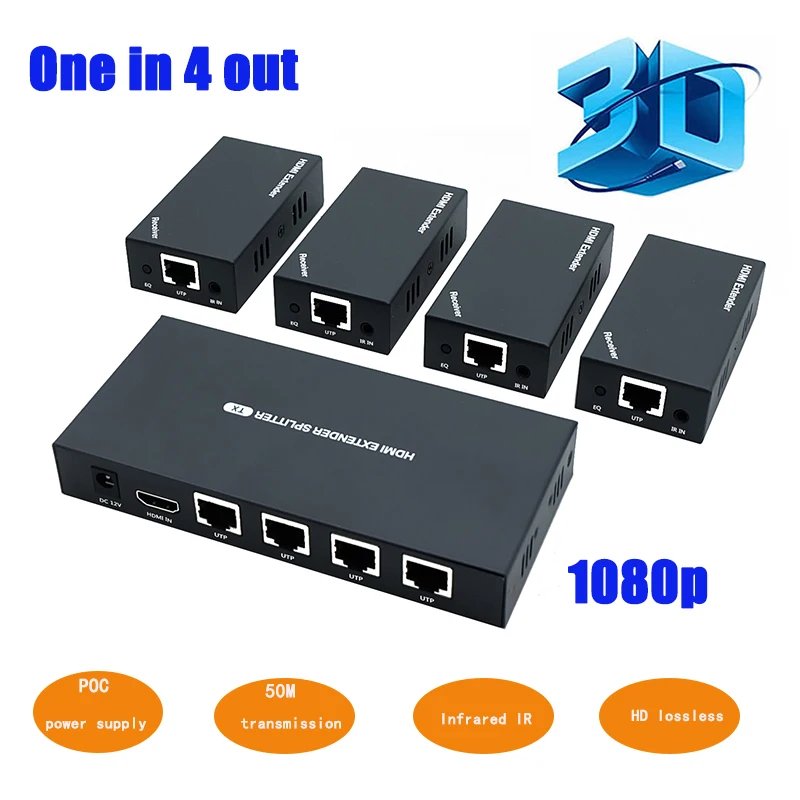 

60m 1x4 HDMI Splitter Extender Over UTP Cat5e Cat6 Cable HDMI Extender RJ45 Support HD 1080P 1 Transmitter To 4 Receivers