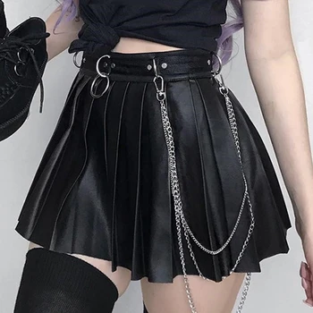 Goth Dark Grunge Punk Summer Gothic Skirts For Women Streetwear Zippper Rivet Pleated Black Metal Ring Skirt PU Sexy Hollow Out 1