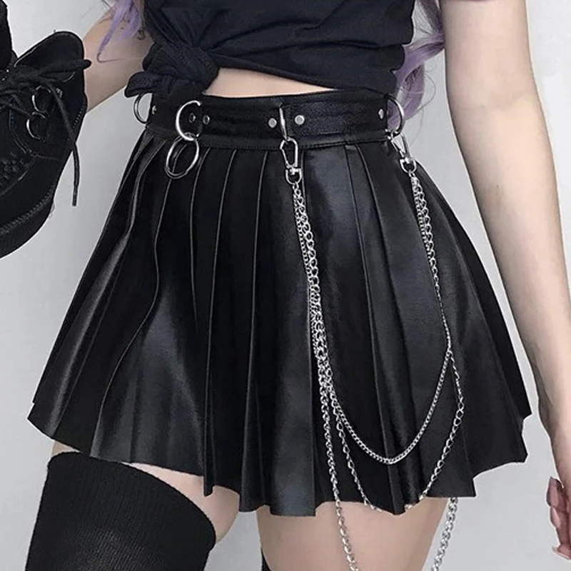 

Goth Dark Grunge Punk Summer Gothic Skirts For Women Streetwear Zippper Rivet Pleated Black Metal Ring Skirt PU Sexy Hollow Out