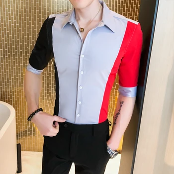 

Social Shirt Simple Solid Color Stitching Lapel Blouse Social Party Dress Slim Top Summer New 2020 Red Grey