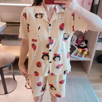 

Foply 2 PCS Full Cotton Pajama Women Strawberry Printing Pijama Set Short Sleepwear 2020 Summer Spring Button Nightwear Femele