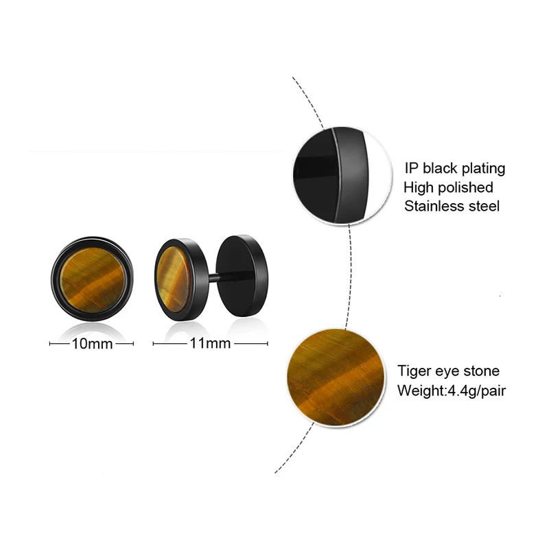 Men's Retro Tiger Eye Stone Stainless Steel Barbell Earrings (Pair)