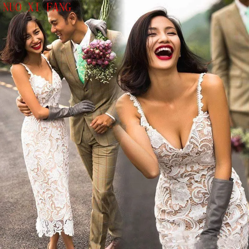 

Sexy Lace Beach Cheap Wedding Dresses 2020 Spaghetti Straps Full Lace Sheath Ankle Length Bridal Gown Custom Made Casamento